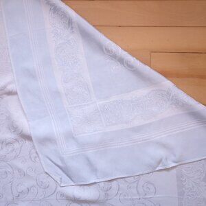 VTG Linen Damask Lt Blue Reversable Tablecloth w/ Floral & Scroll Design 62"x50"